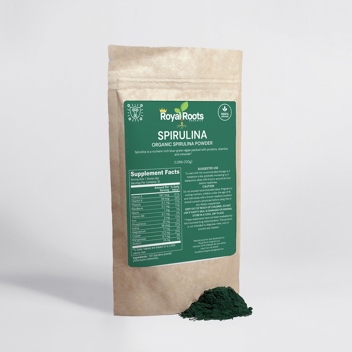 Organic Spirulina Powder - Spirulina has very high levels of iron, beta-carotene, and B vitamins *Great to add in smoothies*