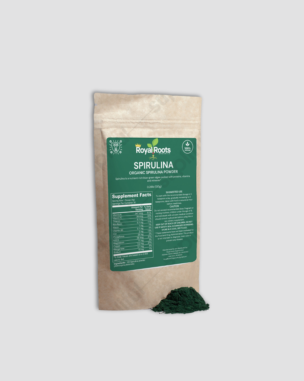 Organic Spirulina Powder - Spirulina has very high levels of iron, beta-carotene, and B vitamins *Great to add in smoothies*