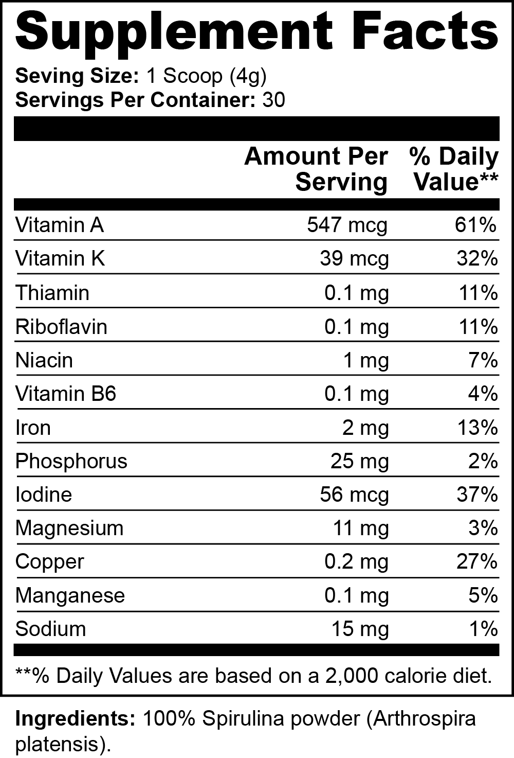 Organic Spirulina Powder - Spirulina has very high levels of iron, beta-carotene, and B vitamins *Great to add in smoothies*